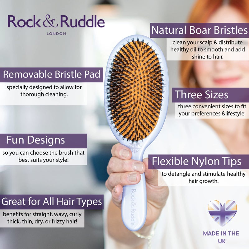 Rock & Ruddle Natural Mixed Boar Bristle Hair Brush for Women and Kids (Small/Travel Size, 17.5cm) - Perfect for Wet or Dry Hair, Detangling Smoothing Blowdrying - Made in UK - Black & White Stripes - Image 2